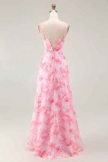 Pink Floral Cowl Neck A Line Maxi Dress with Slit